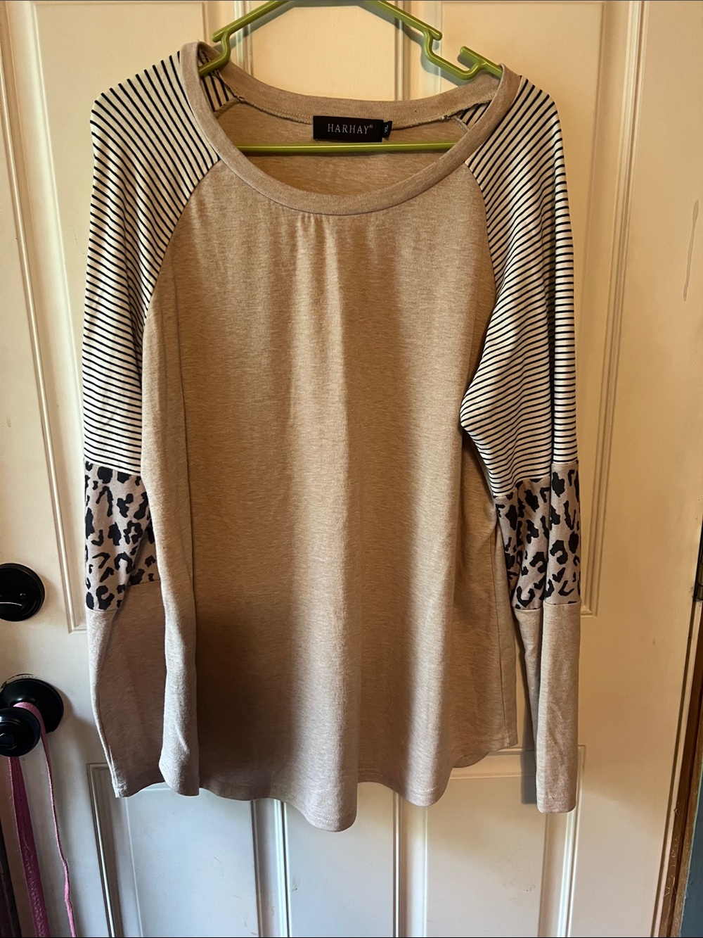 HARHAY Taupe Long-Sleeve Raglan Tee with Striped and Leopard Accents